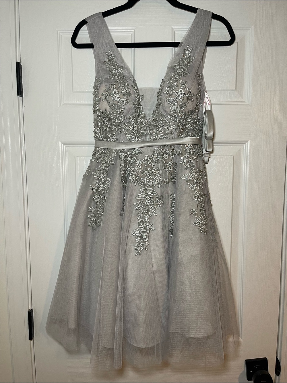 JJs House Silver Embroidered A-Line Tulle Dress